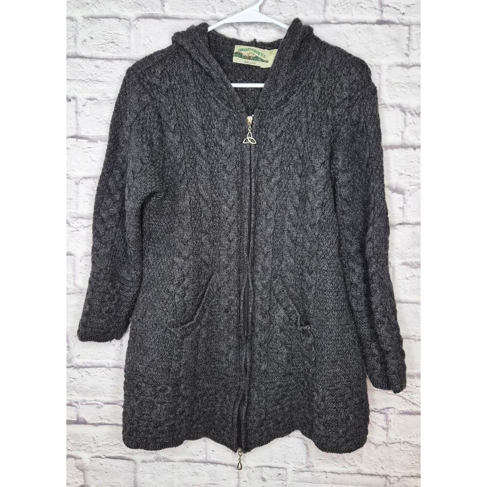 Aran Crafts Womens Small 100% Merino Wool Full Zip Sweater Gray Hooded Ireland.